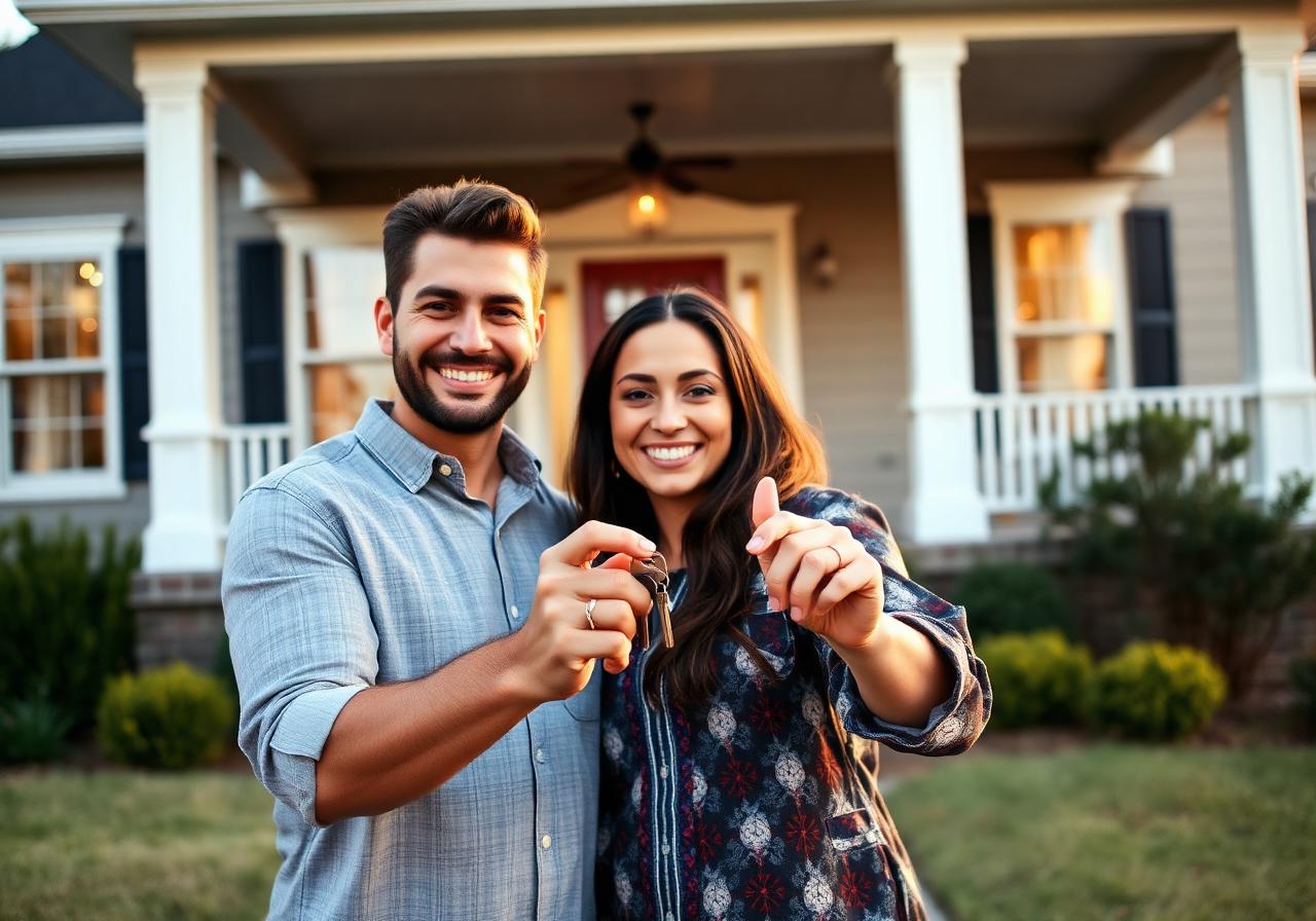 Happy first-time homebuyers holding keys in front of their new home in Creedmoor NC
